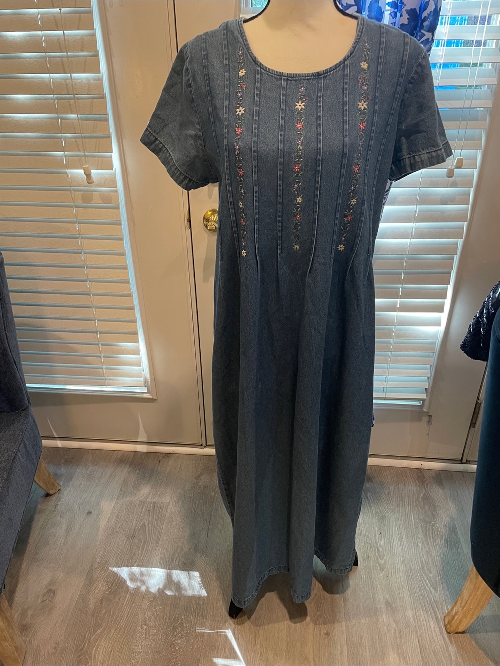 Bobbie Brooks Dark Blue Denim Maxi Dress with Floral Embroidery